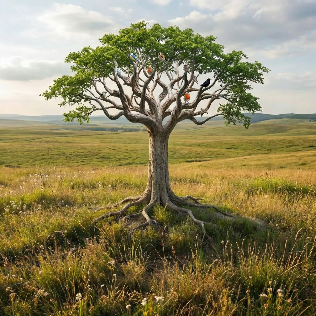 Twisted leafless tree with colorful birds perched on branches in a rolling green field.
